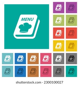 Menu with chef hat multi colored flat icons on plain square backgrounds. Included white and darker icon variations for hover or active effects.