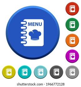 Menu with chef hat round color beveled buttons with smooth surfaces and flat white icons
