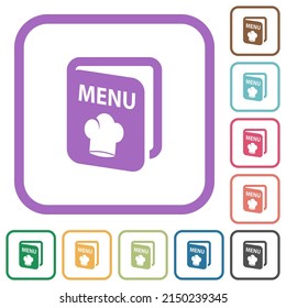 Menu with chef hat simple icons in color rounded square frames on white background