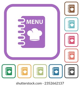 Menu with chef hat simple icons in color rounded square frames on white background
