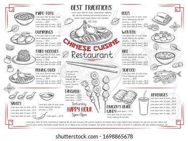 Menu chinese cuisine restaurant outline design. Asian food engraved vector illustration. Peking duck, dumplings, wonton, fried noodles and rolls. Mapo tofu, rice, Dragon's beard candy and tanghulu.