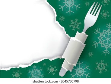 Menu Christmas green ripped paper background. Illustration of green torn paper with fork and snowflakes. 
Place for your text or image.Vector available.