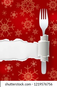 Menu Christmas red ripped paper background. 
Illustration of red torn paper with fork and snowflakes. Place for your text or image.Vector available.