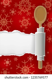 
Menu Christmas red ripped paper background with wooden spoon. 
Illustration of red torn paper with wooden spoon and snowflakes. Place for your text or image. Vector available. 
