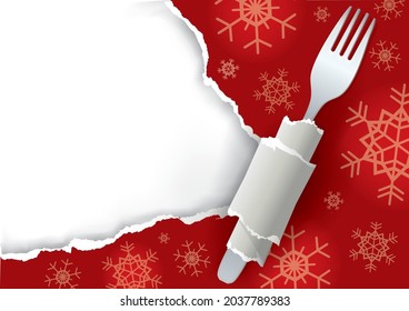 Menu Christmas red ripped paper background. 
Illustration of red torn paper with fork and snowflakes. Place for your text or image.Vector available.