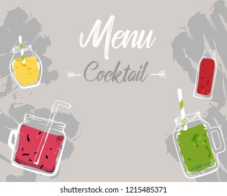 menu. cocktails, fresh juices, drinks in a bottle. Green smoothie.hand drawn for smoothie or detox drink.vector illustration.for restaurant, cafe, dining room, menu template