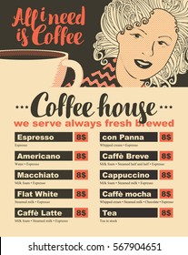 menu coffee house with girl and a cup of coffee in retro style