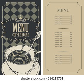 menu for a coffee house with price list and a cup of coffee