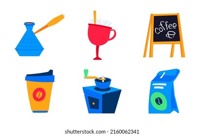 Menu For A Coffee Shop - Flat Design Style Icons Set. High Quality Colorful Images Of Brew Jug, Bean Bag, Signboard, Red Bowl Of Hot Chocolate And Marshmallows. Morning Drinks And Energy Idea