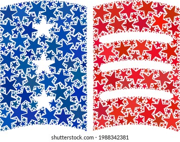 Menu collage of stars in variable sizes and color shades. Menu illustration uses American official blue and red colors of Democratic and Republican political parties, and star shapes.