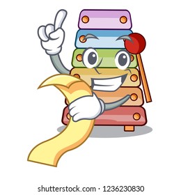 With menu colorful toy xylophone on mallets mascot