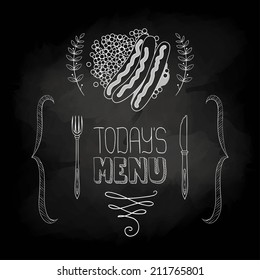 Menu concept. Chalk drawing card with the plate of sausages and special offer on chalkboard blackboard