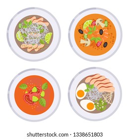 Menu concept. Collection of different soups. Ramen, pho, tom yum and gazpacho. Healthy food. Soup in flat style. Vector illustration.