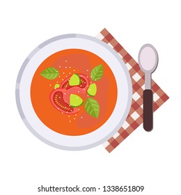 Concepto de menú. Sopa de gazpacho. Sopa de tomate. Cocina española. Alimentos saludables. Sopa de estilo plano. Ilustración vectorial.