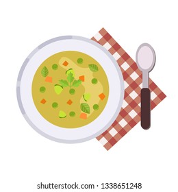 Menu concept. Minestrone soup. Italian cuisine Healthy food. Soup in flat style. Vector illustration.