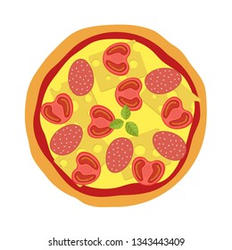 Menu concept. Pizza with tomatoes, cheese, pepper, meat and bacon.  Fast food. Flat style illustration. Vector illustration.