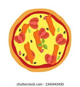 Menu concept. Pizza with tomatoes, cheese, pepper and seafood.  Fast food. Flat style illustration. Vector illustration.