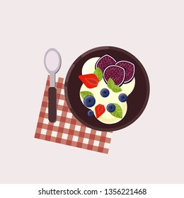 Menu concept. Porridge with berries. Healthy food. Breakfast in flat style. Vector illustration. 