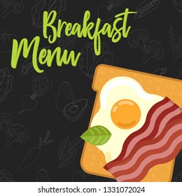 Menu concept for restaurant and cafe. Breakfast menu template. Flat style sandwich. Vector Illustration with hand drawn fruits and vegetables.  Vector Illustration