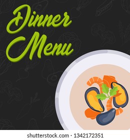 Menu concept for restaurant and cafe. Dinner menu template. Flat style soup. Vector Illustration with hand drawn fruits and vegetables. Vector Illustration
