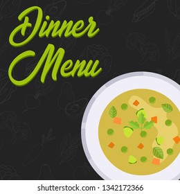 Menu concept for restaurant and cafe. Dinner menu template. Flat style soup. Vector Illustration with hand drawn fruits and vegetables. Vector Illustration