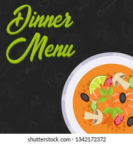 Menu concept for restaurant and cafe. Dinner menu template. Flat style soup. Vector Illustration with hand drawn fruits and vegetables. Vector Illustration