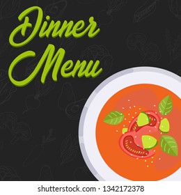 Menu concept for restaurant and cafe. Dinner menu template. Flat style soup. Vector Illustration with hand drawn fruits and vegetables. Vector Illustration