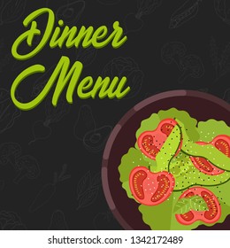 Menu concept for restaurant and cafe. Dinner menu template. Flat style salad. Vector Illustration with hand drawn fruits and vegetables. Vector Illustration