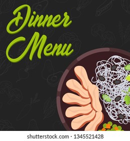 Menu concept for restaurant and cafe. Dinner menu template. Flat style main course. Vector Illustration with hand drawn fruits and vegetables. Vector Illustration 