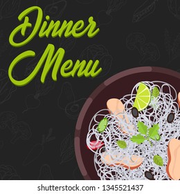 Menu concept for restaurant and cafe. Dinner menu template. Flat style main course. Vector Illustration with hand drawn fruits and vegetables. Vector Illustration 