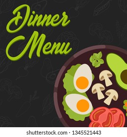Menu concept for restaurant and cafe. Dinner menu template. Flat style main course. Vector Illustration with hand drawn fruits and vegetables. Vector Illustration 