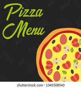 Menu concept for restaurant and cafe. Pizza menu template. Flat style pizza. Vector Illustration with hand drawn fruits and vegetables. Vector Illustration 