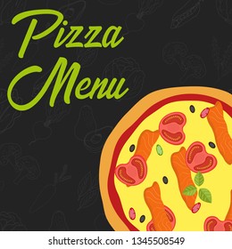 Menu concept for restaurant and cafe. Pizza menu template. Flat style pizza. Vector Illustration with hand drawn fruits and vegetables. Vector Illustration 