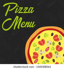 Menu concept for restaurant and cafe. Pizza menu template. Flat style pizza. Vector Illustration with hand drawn fruits and vegetables. Vector Illustration 