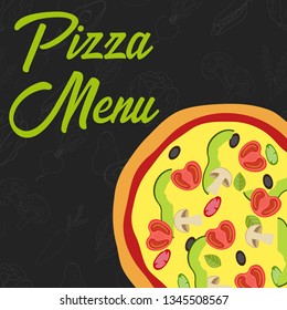 Menu concept for restaurant and cafe. Pizza menu template. Flat style pizza. Vector Illustration with hand drawn fruits and vegetables. Vector Illustration 