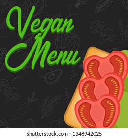 Menu concept for restaurant and cafe. Vegan menu template. Flat style dinner menu. Vector Illustration with hand drawn fruits and vegetables. Vector Illustration