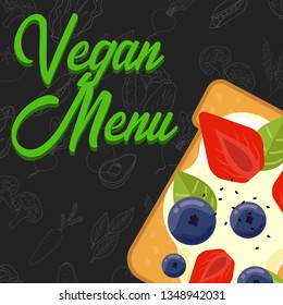 Menu concept for restaurant and cafe. Vegan menu template. Flat style dinner menu. Vector Illustration with hand drawn fruits and vegetables. Vector Illustration
