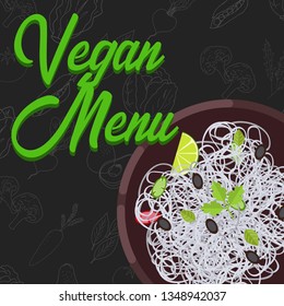 Menu concept for restaurant and cafe. Vegan menu template. Flat style dinner menu. Vector Illustration with hand drawn fruits and vegetables. Vector Illustration