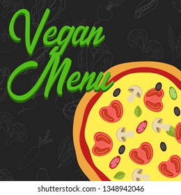 Menu concept for restaurant and cafe. Vegan menu template. Flat style dinner menu. Vector Illustration with hand drawn fruits and vegetables. Vector Illustration