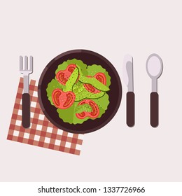 Menu concept. Salad with lettuce, tomatoes and avocado  served on a plate with fork, knife, spoon and napkin. Healthy food. Vector illustration.