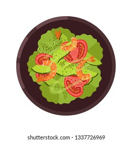 Menu concept. Salad with lettuce, tomatoes, shrimps and avocado served on a plate. Healthy food. Vector illustration.