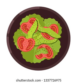 Menükonzept. Salat mit Salat, Tomaten und Avocado auf einem Teller serviert. Gesundes Essen. Vektorillustration.