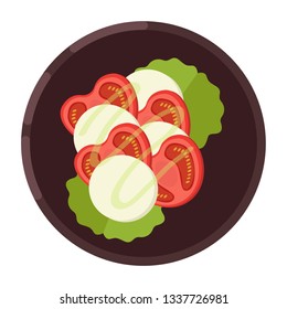 Menu concept. Salad with lettuce, tomatoes and mozzarella served on a plate. Healthy food. Vector illustration.