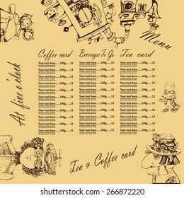  Menu Contains Images  Of  Girl,  Mad Hatter,March Hare,Dormouse , Tea Pots ,cups, Text, Price And Place For Text.Coffee& Tea Card In Cartoon Style. Menu. Steam Punk Style.