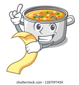 With menu cooking pot of soup isolated on mascot