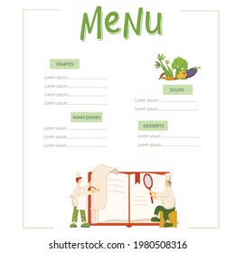 Menu, cooks are looking pecipe in book on kitchen in restaurant. Funny chef men and flat vegetables. Handwritten lettering and vector stock illustration isolated on white background.