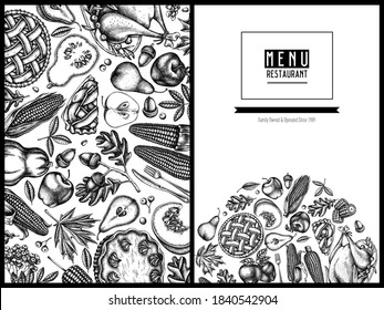 Menu cover design with black and white pumpkin, fork, knife, pears, turkey, pumpkin pie, apple pie, corn, apples, rowan, maple, oak