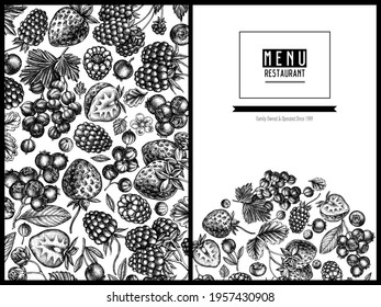Menu cover design with black and white strawberry, blueberry, red currant, raspberry, blackberry
