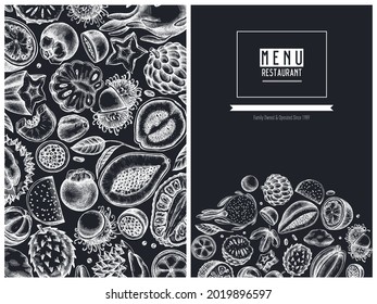 Menu cover design with chalk papaya, guava, passion fruit, starfruit, durian, rambutan, pitaya, jackfruit, sugar-apple, soursop, mangosteen