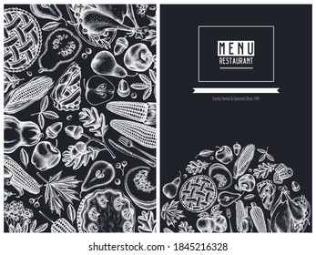 Menu cover design with chalk pumpkin, fork, knife, pears, turkey, pumpkin pie, apple pie, corn, apples, rowan, maple, oak